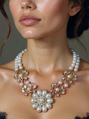 FLORAL Imitation Pearl Necklace with Gold-Tone Leaf Accents